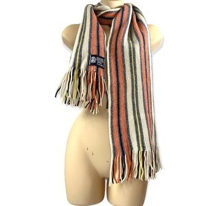 Multi color striped down fringe wool scarf fine textured knit